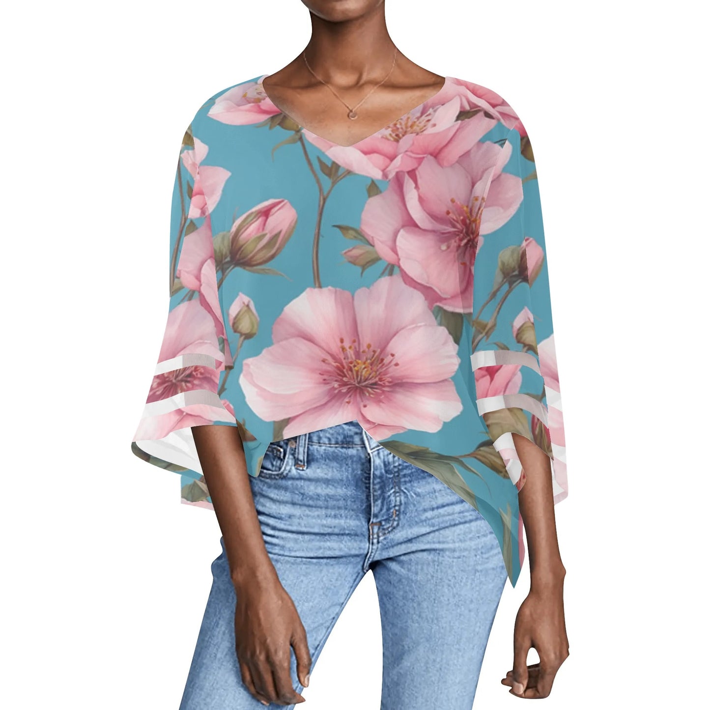 Womens Floral Print Loose Chiffon Blouse with Bell Sleeves