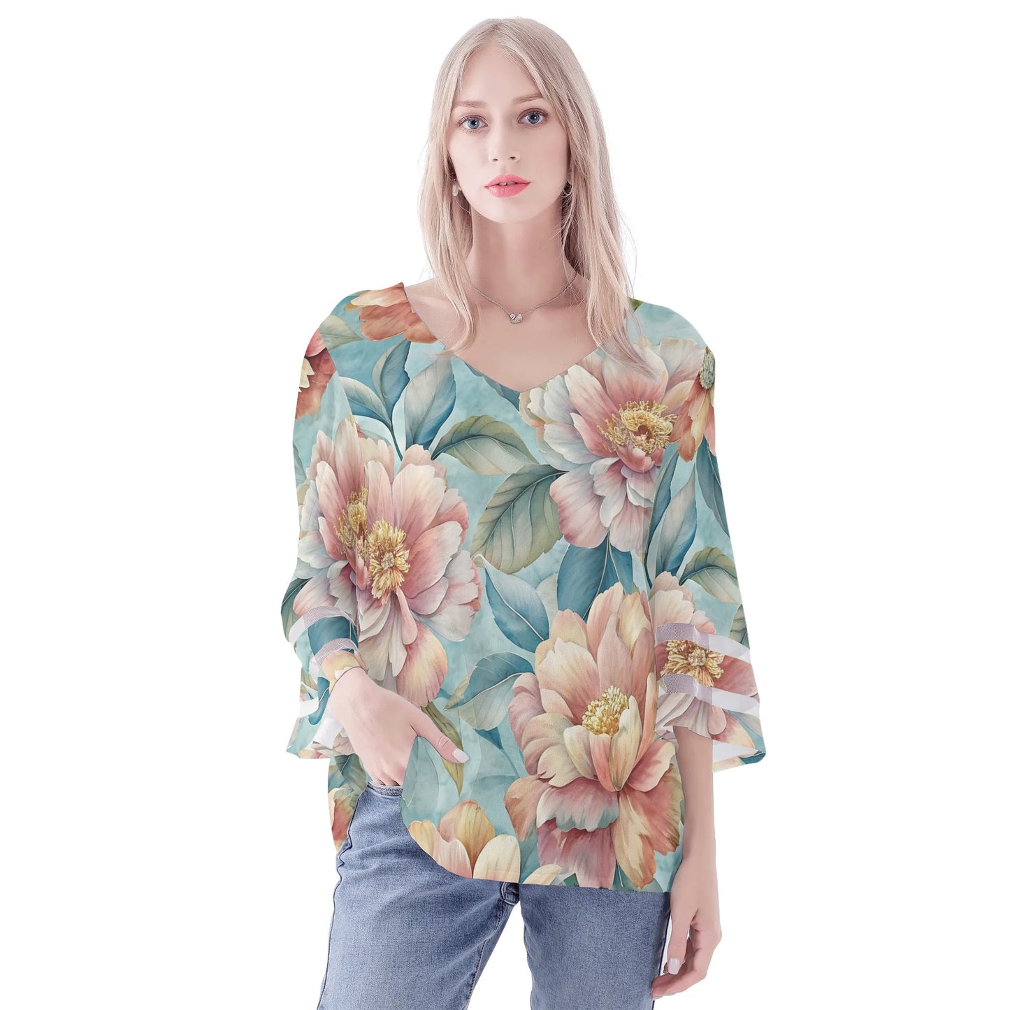 Womens Floral Print Loose Chiffon Blouse with Bell Sleeves