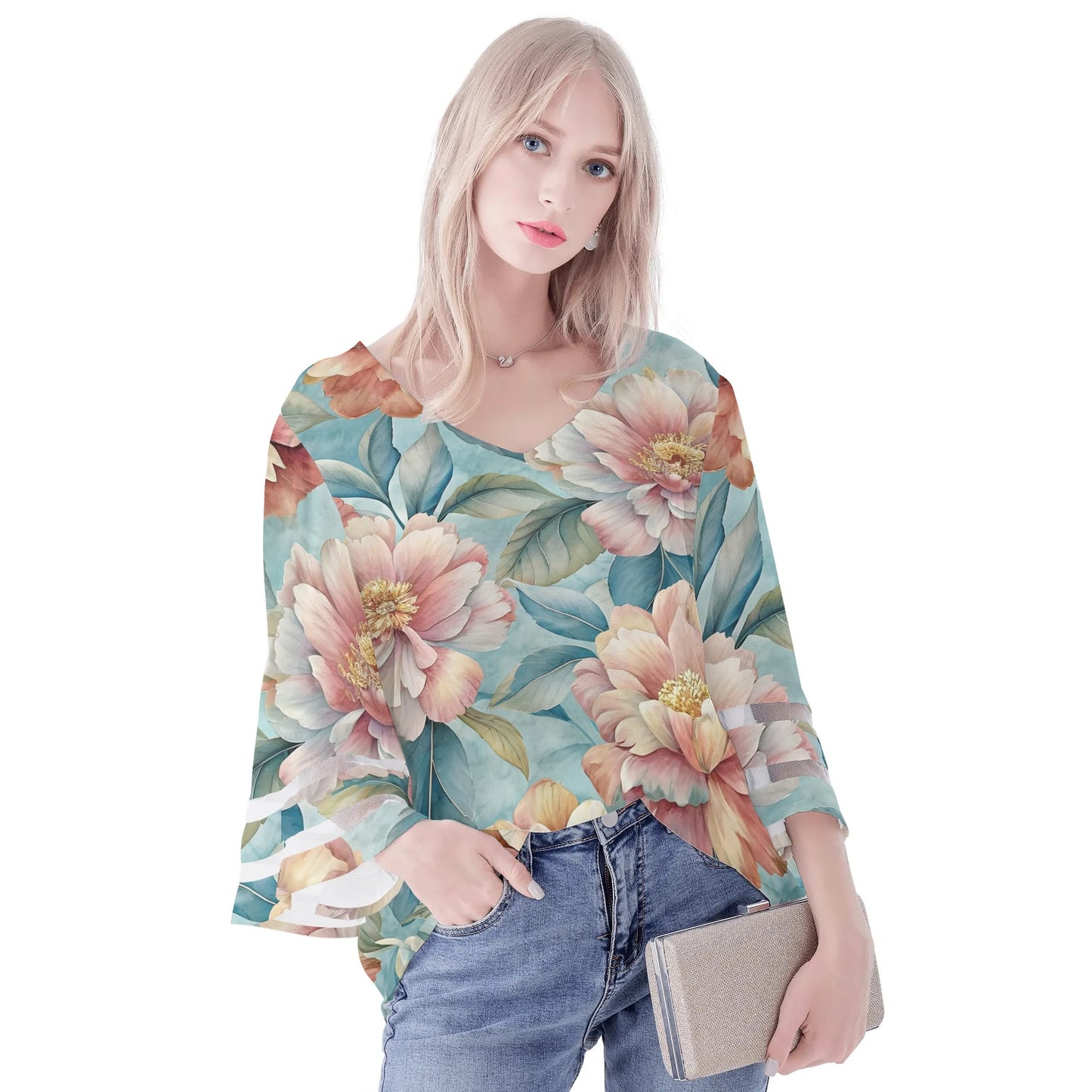 Womens Floral Print Loose Chiffon Blouse with Bell Sleeves