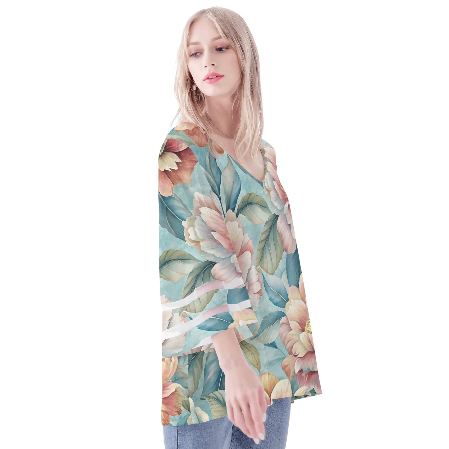 Womens Floral Print Loose Chiffon Blouse with Bell Sleeves