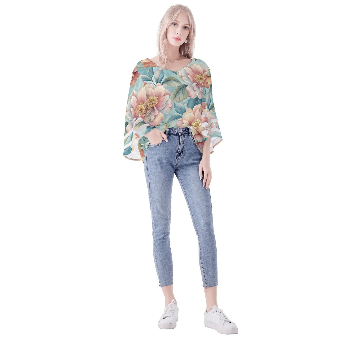 Womens Floral Print Loose Chiffon Blouse with Bell Sleeves