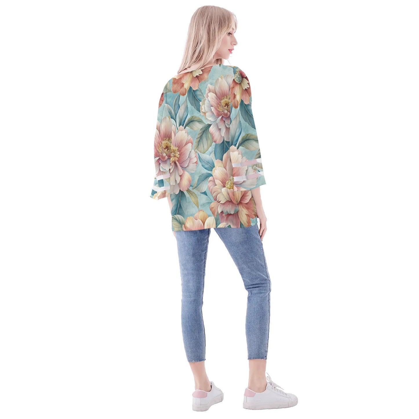 Womens Floral Print Loose Chiffon Blouse with Bell Sleeves