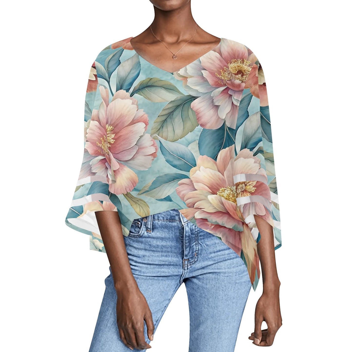 Womens Floral Print Loose Chiffon Blouse with Bell Sleeves