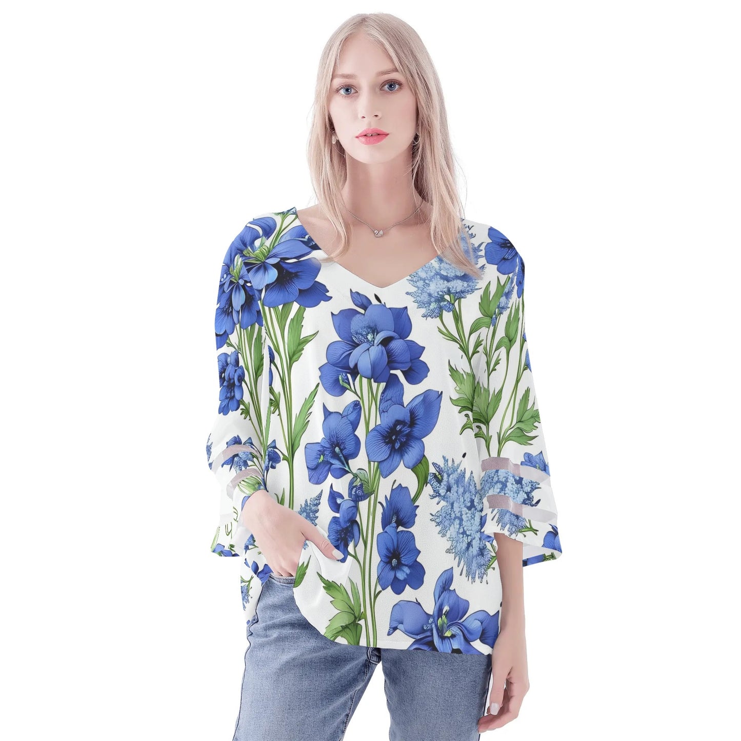 Womens Floral Print Loose Chiffon Blouse with Bell Sleeves