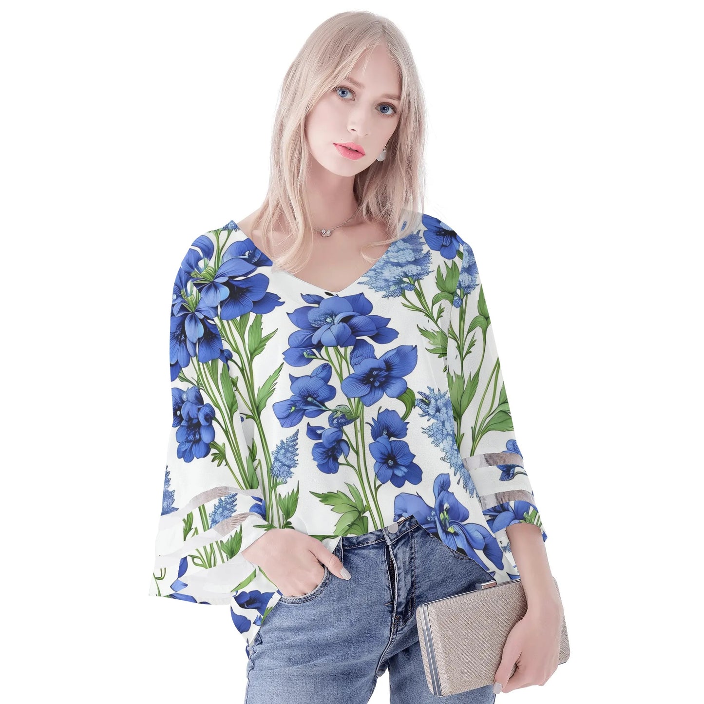 Womens Floral Print Loose Chiffon Blouse with Bell Sleeves