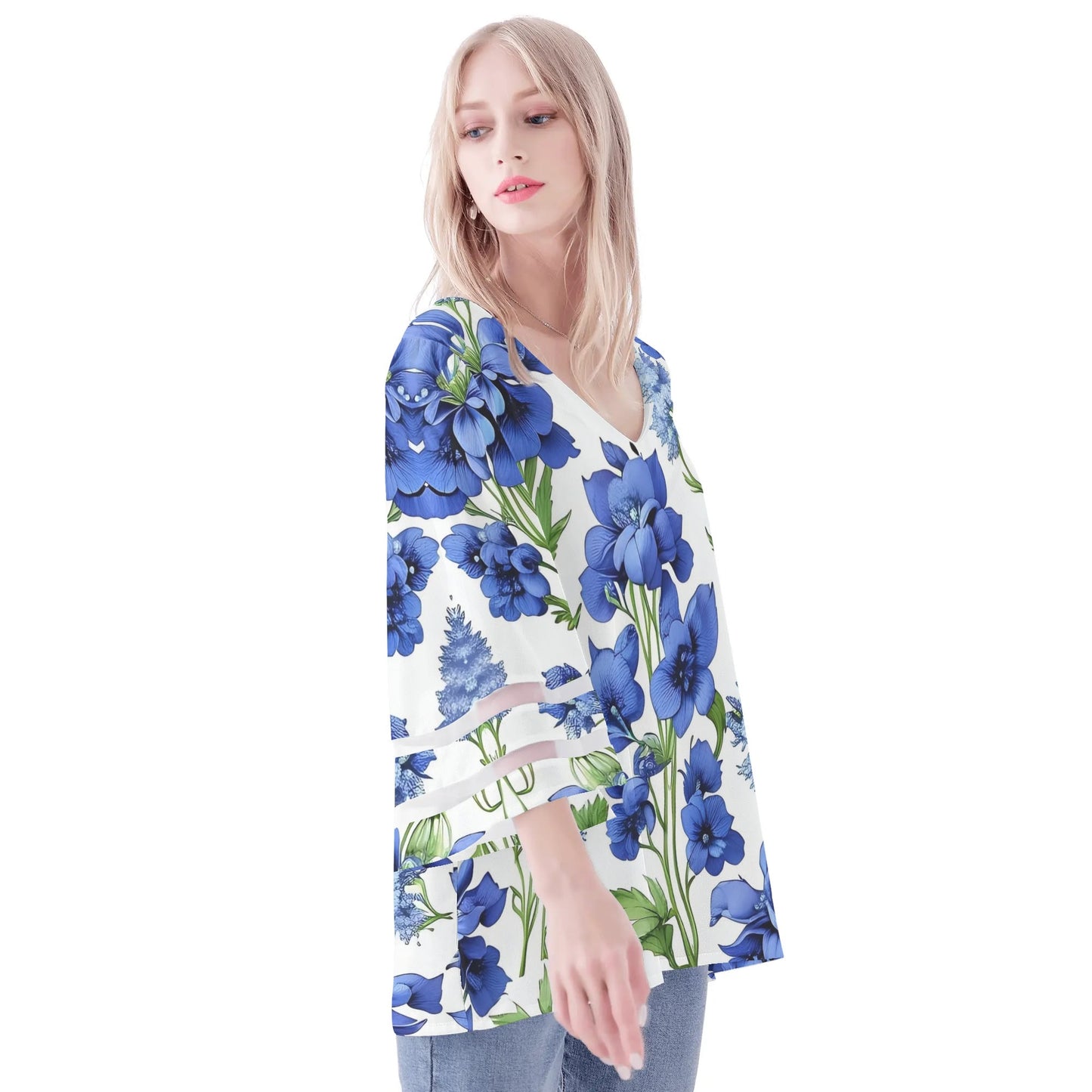 Womens Floral Print Loose Chiffon Blouse with Bell Sleeves