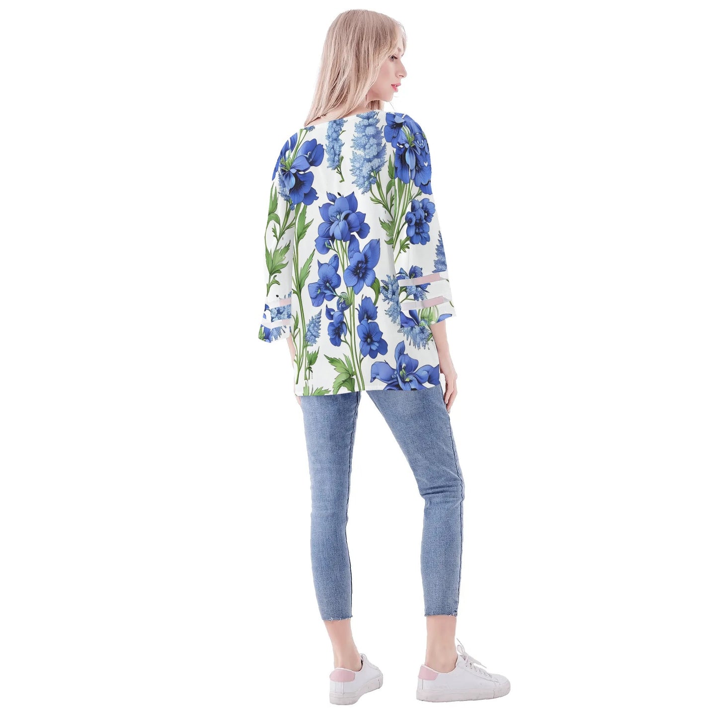 Womens Floral Print Loose Chiffon Blouse with Bell Sleeves