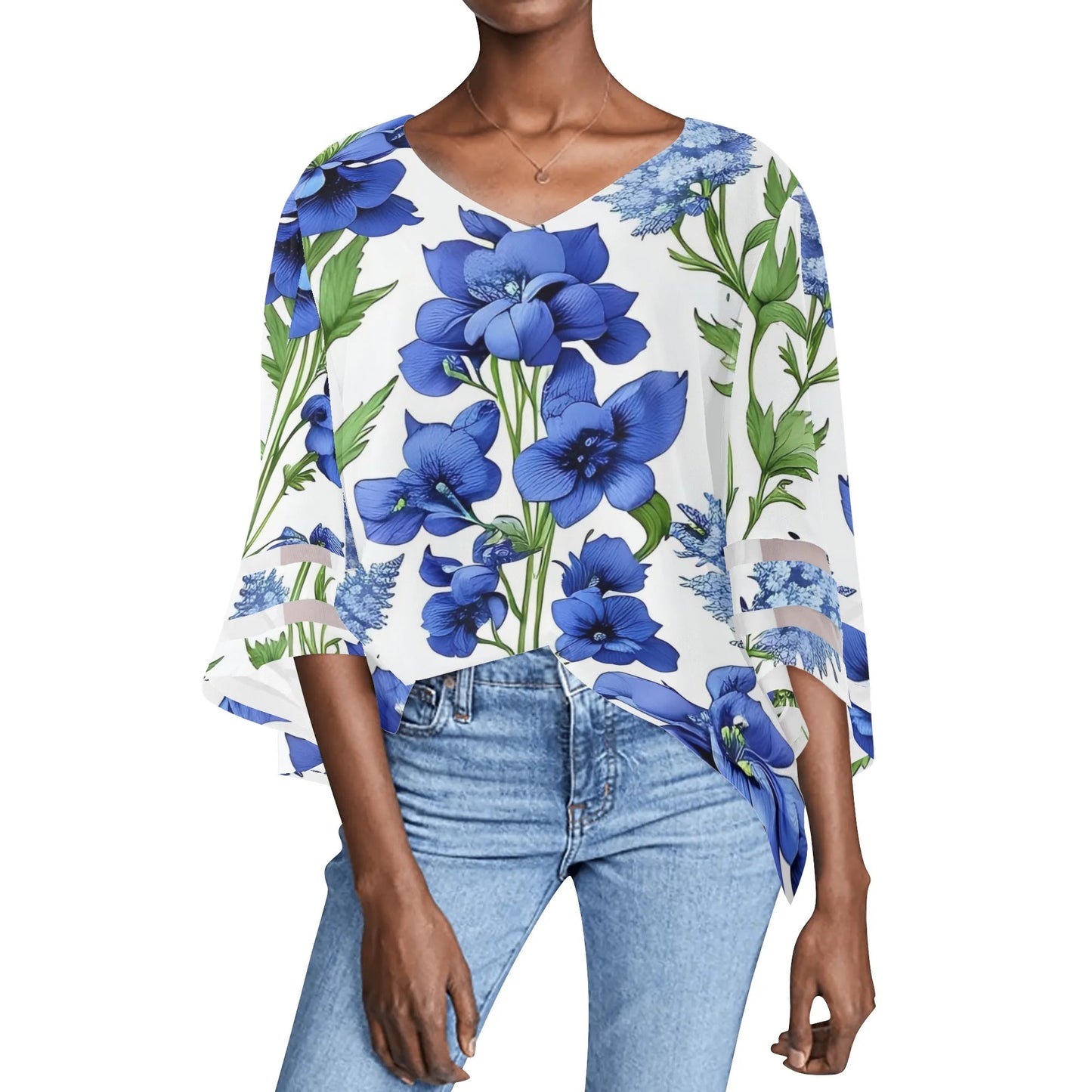 Womens Floral Print Loose Chiffon Blouse with Bell Sleeves