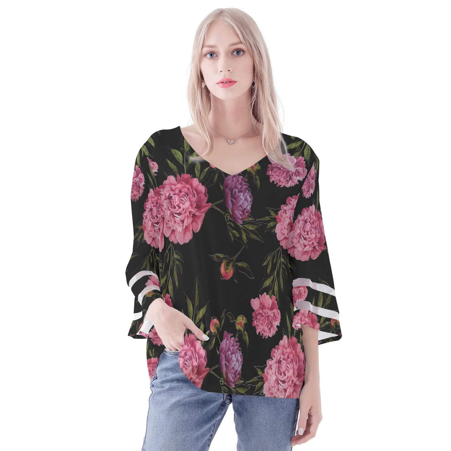 Womens Floral Print Loose Chiffon Blouse with Bell Sleeves