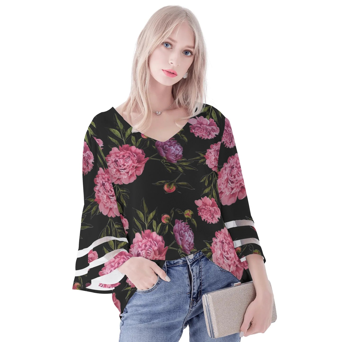 Womens Floral Print Loose Chiffon Blouse with Bell Sleeves