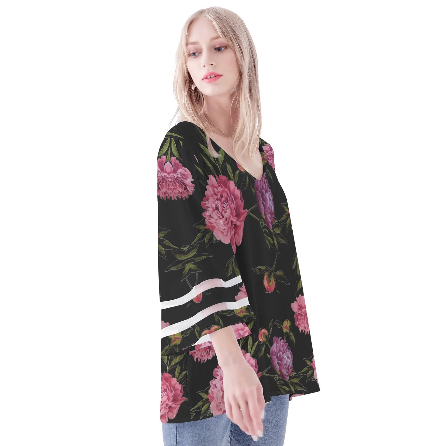 Womens Floral Print Loose Chiffon Blouse with Bell Sleeves