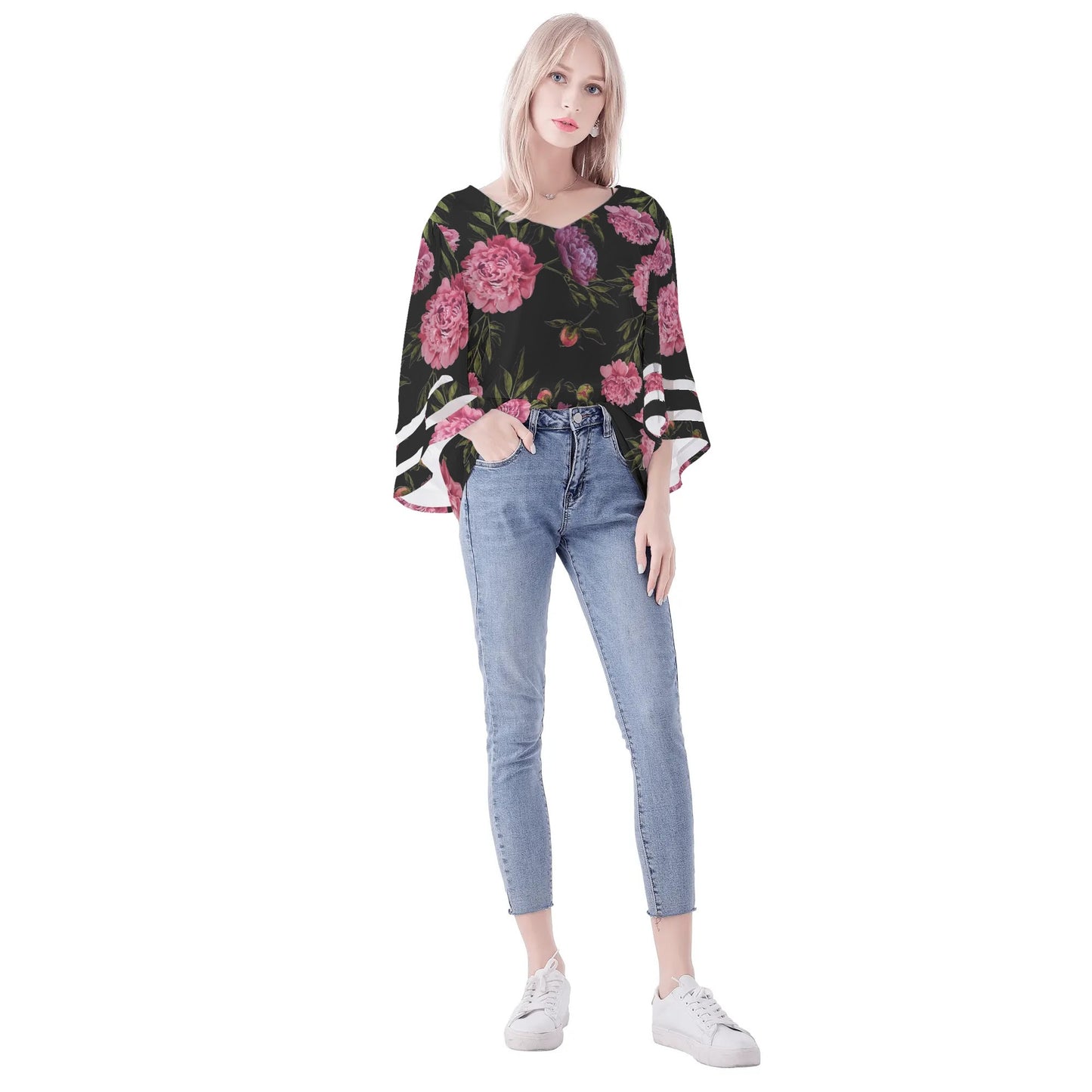 Womens Floral Print Loose Chiffon Blouse with Bell Sleeves