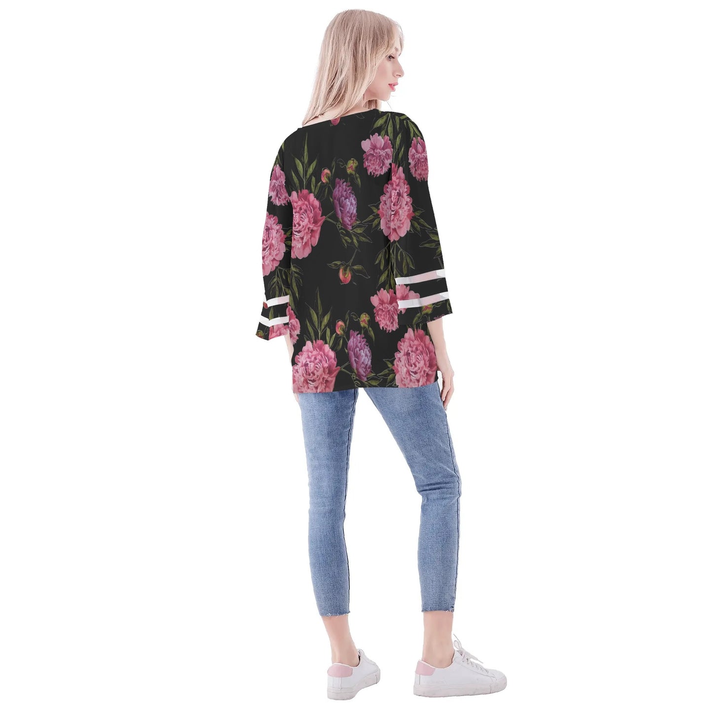 Womens Floral Print Loose Chiffon Blouse with Bell Sleeves