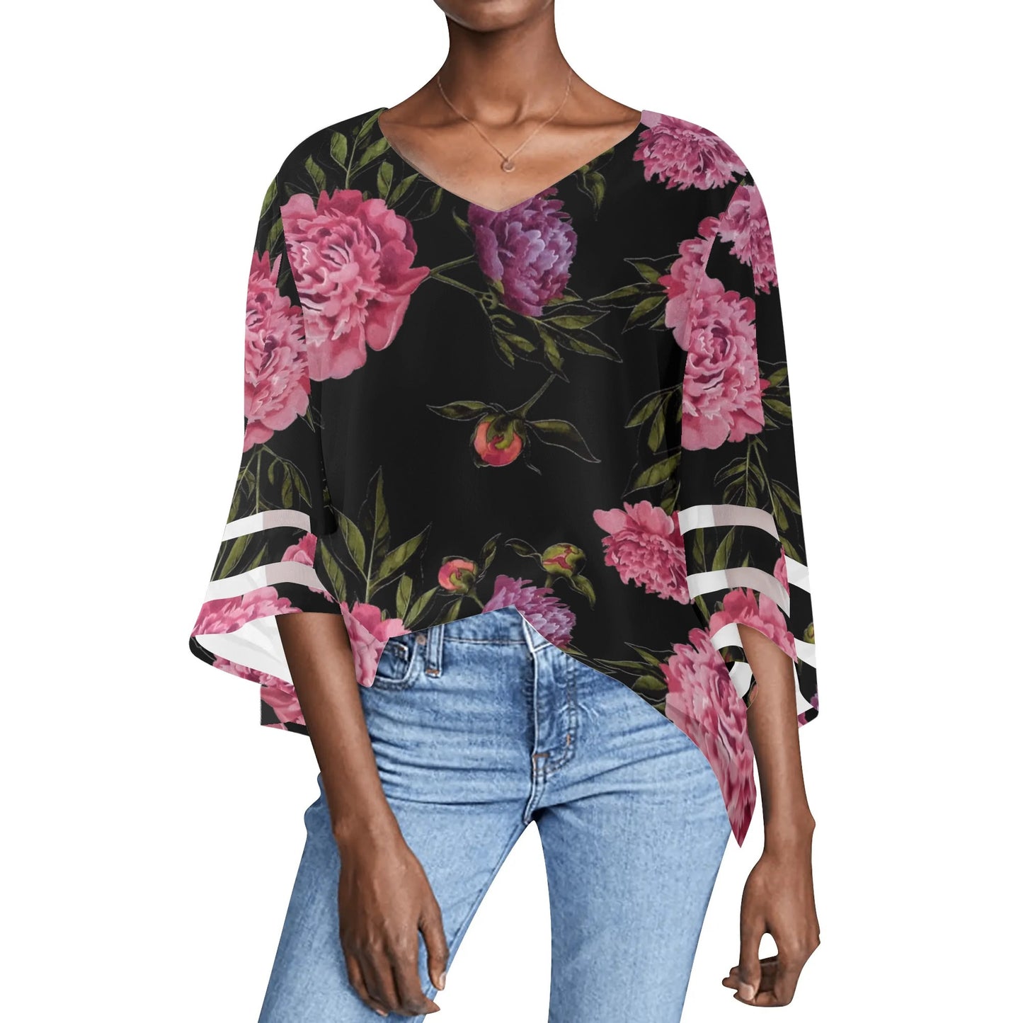 Womens Floral Print Loose Chiffon Blouse with Bell Sleeves