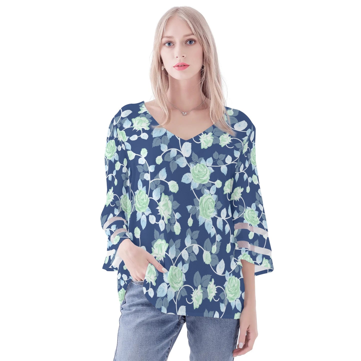 Womens Floral Print Loose Chiffon Blouse with Bell Sleeves