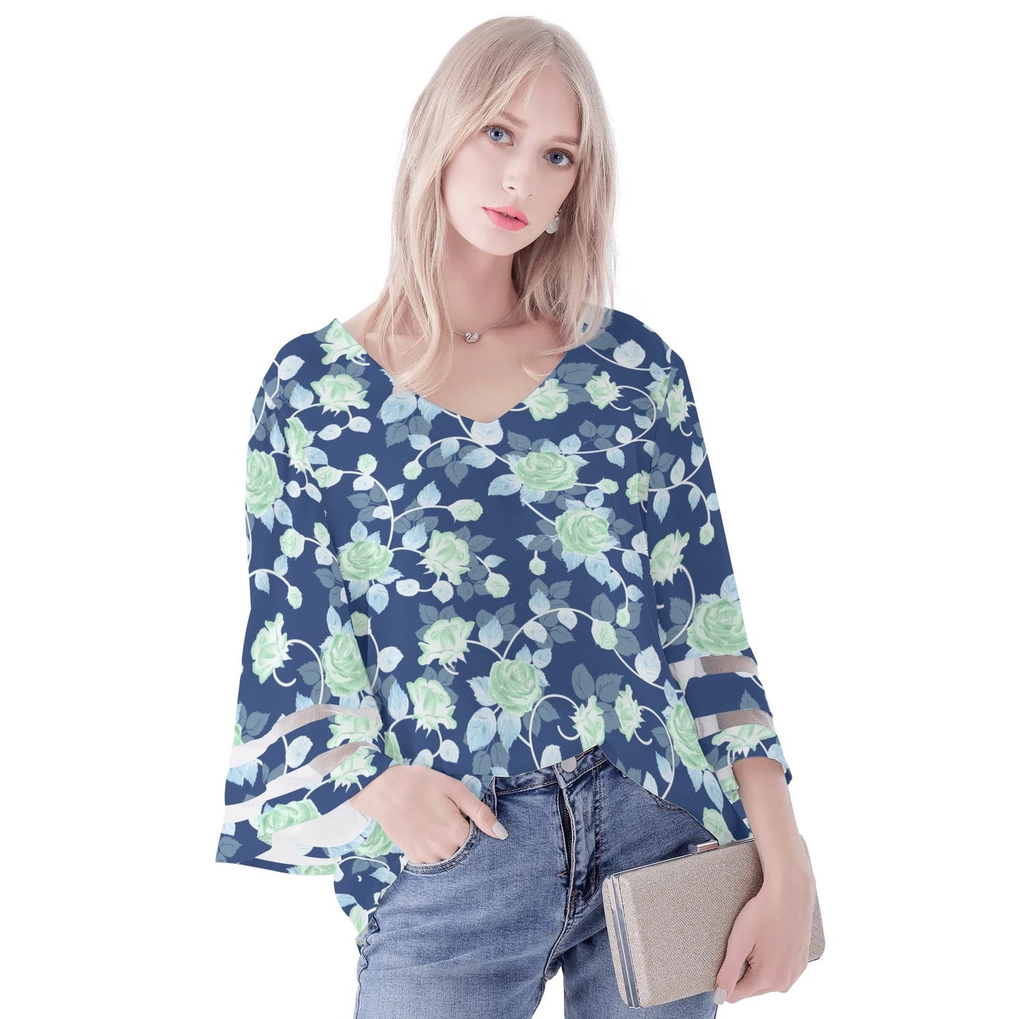 Womens Floral Print Loose Chiffon Blouse with Bell Sleeves