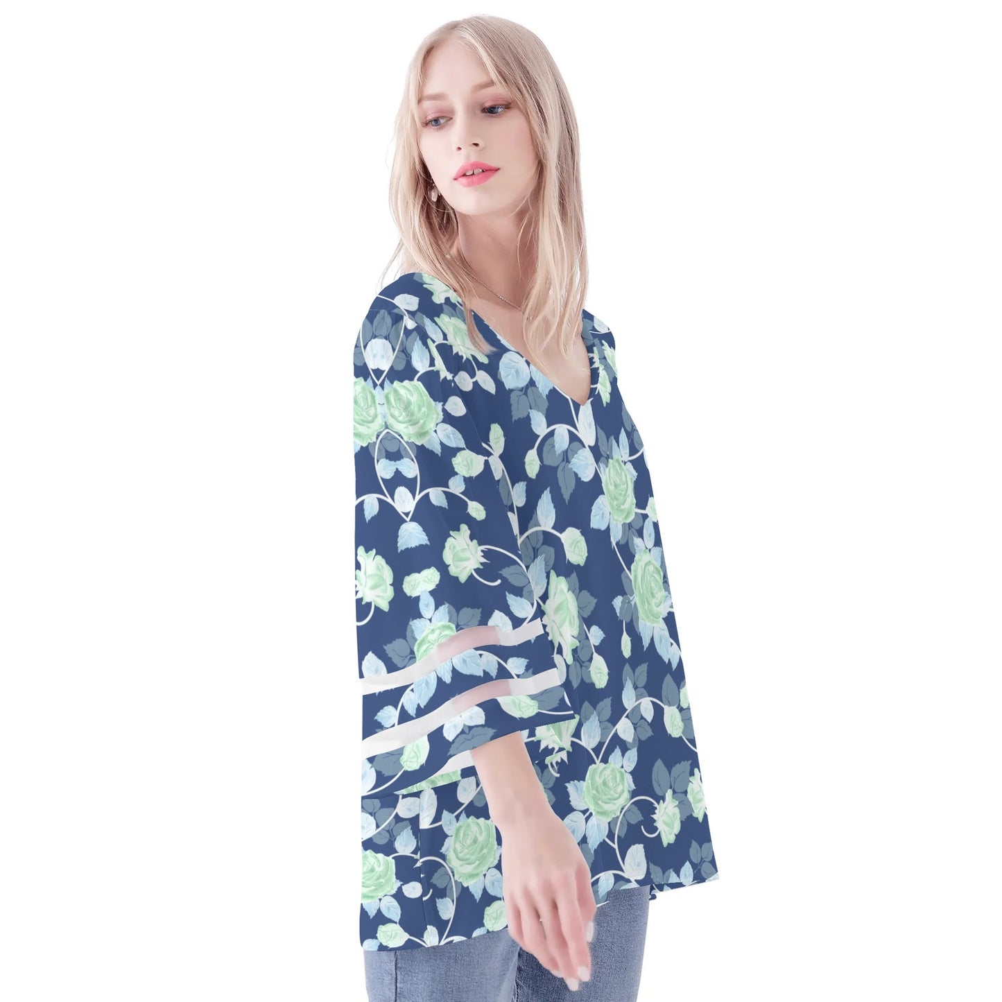 Womens Floral Print Loose Chiffon Blouse with Bell Sleeves