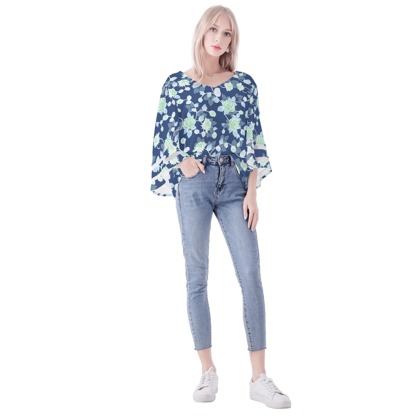 Womens Floral Print Loose Chiffon Blouse with Bell Sleeves