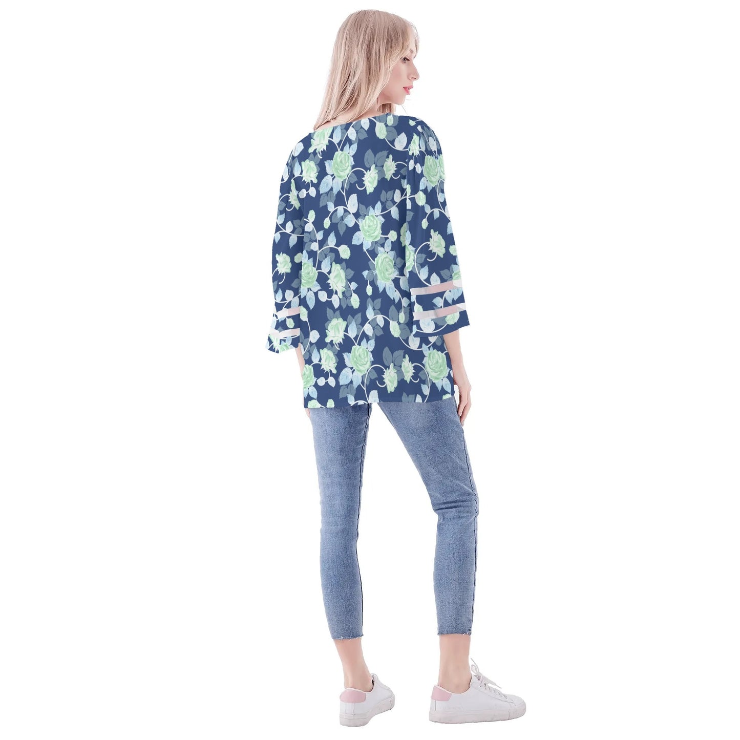 Womens Floral Print Loose Chiffon Blouse with Bell Sleeves