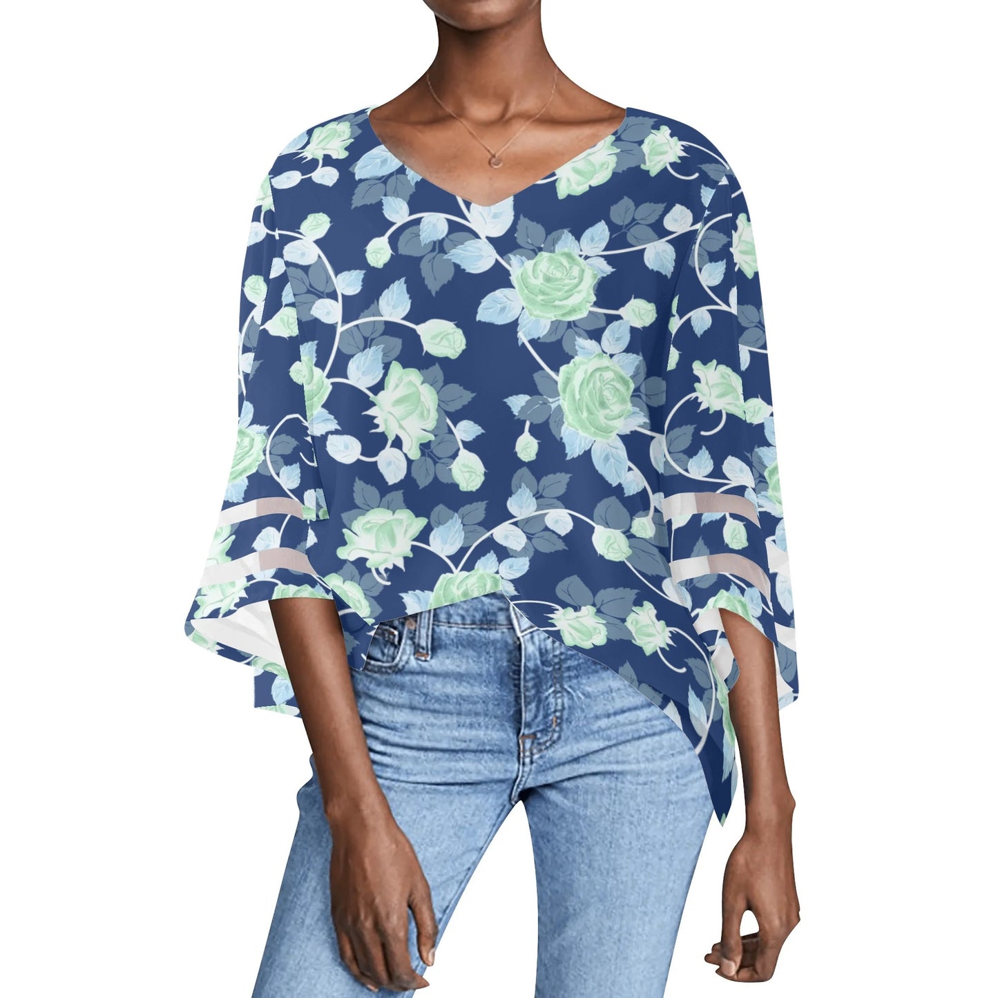 Womens Floral Print Loose Chiffon Blouse with Bell Sleeves