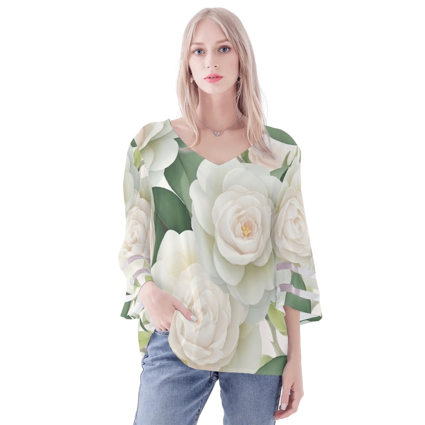 Womens Floral Print Loose Chiffon Blouse with Bell Sleeves