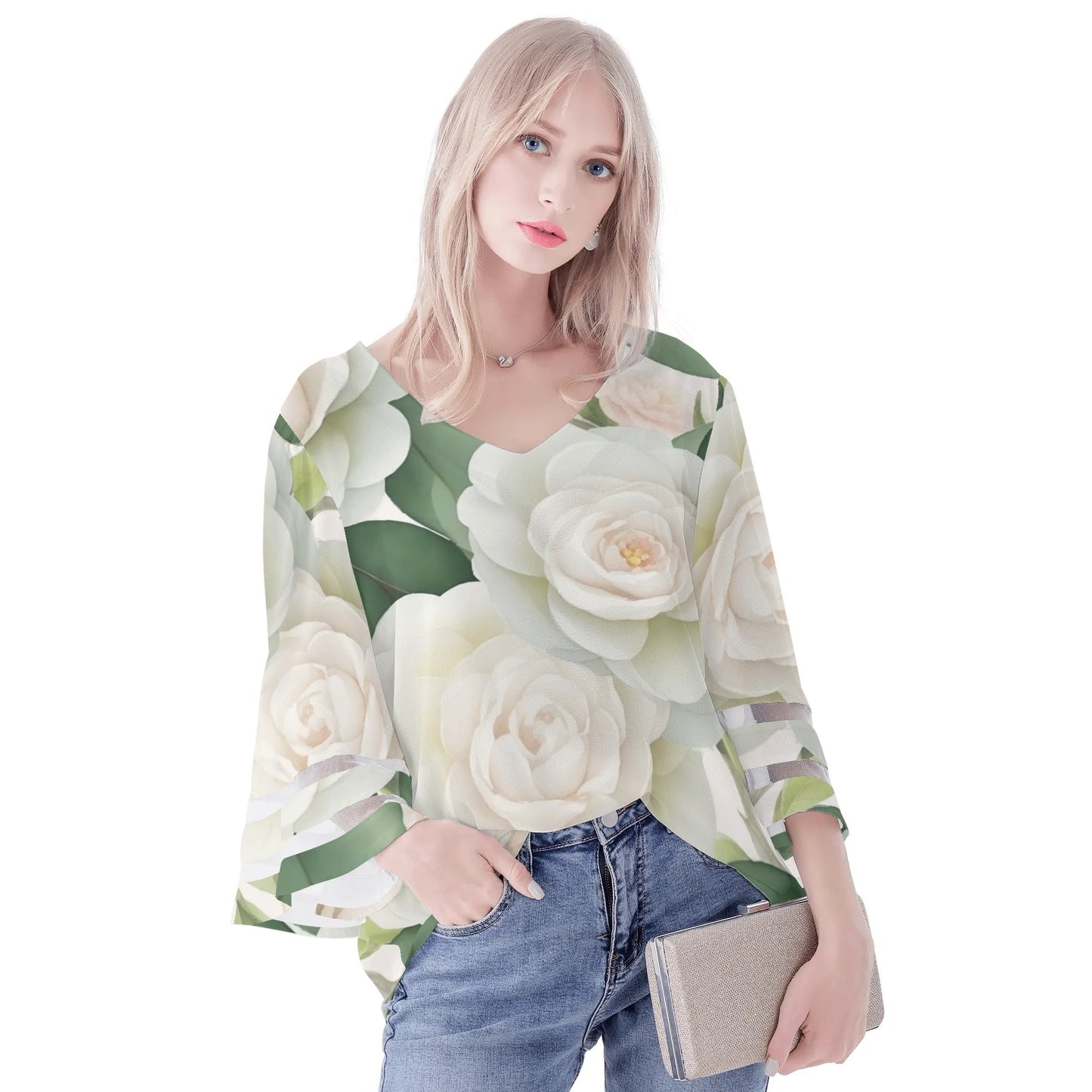 Womens Floral Print Loose Chiffon Blouse with Bell Sleeves