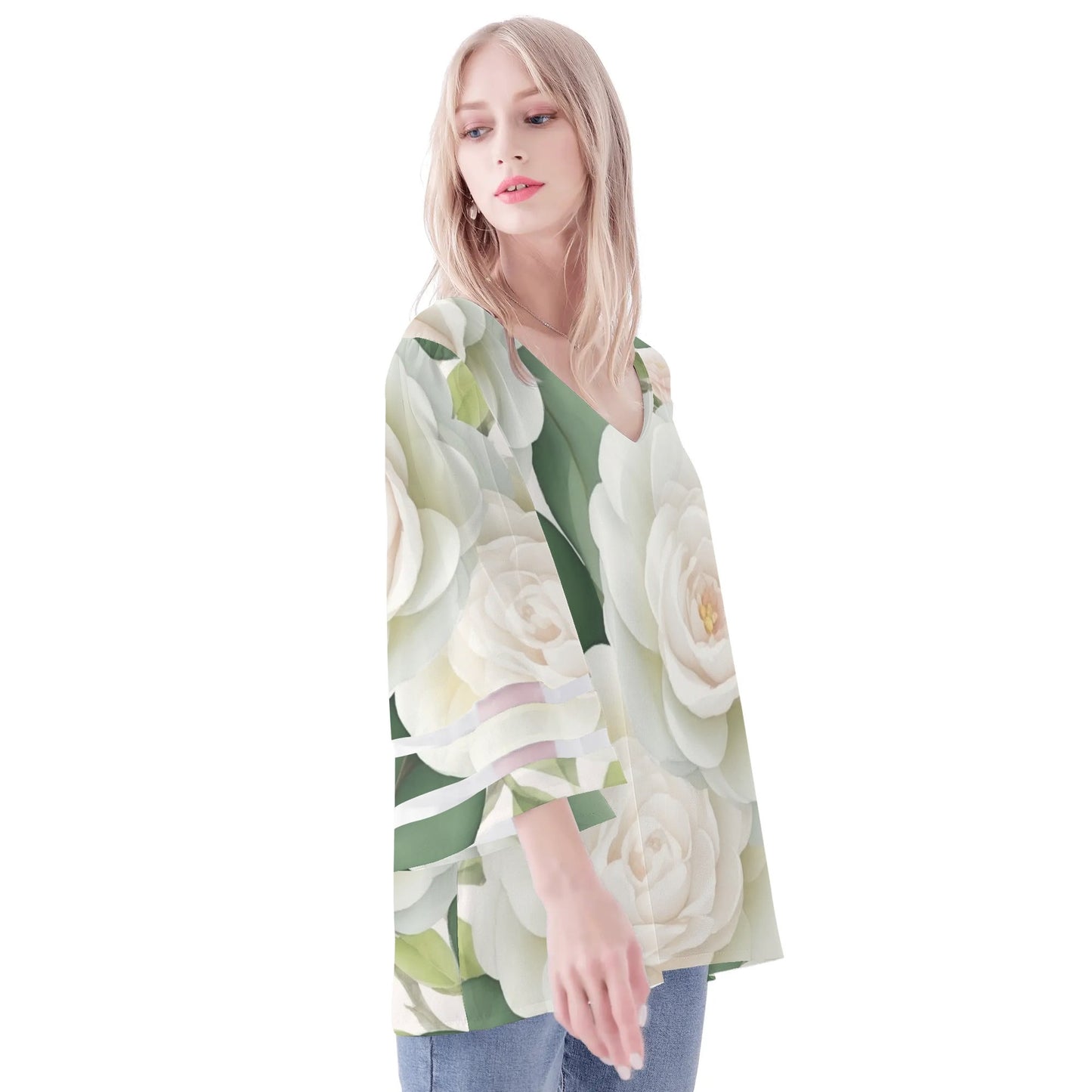 Womens Floral Print Loose Chiffon Blouse with Bell Sleeves