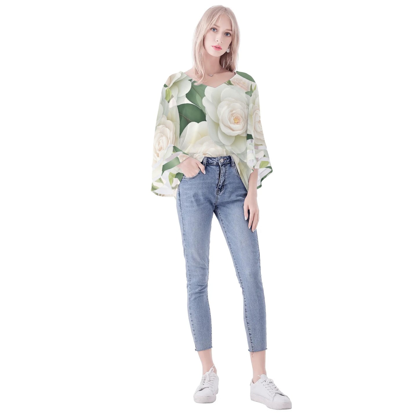 Womens Floral Print Loose Chiffon Blouse with Bell Sleeves