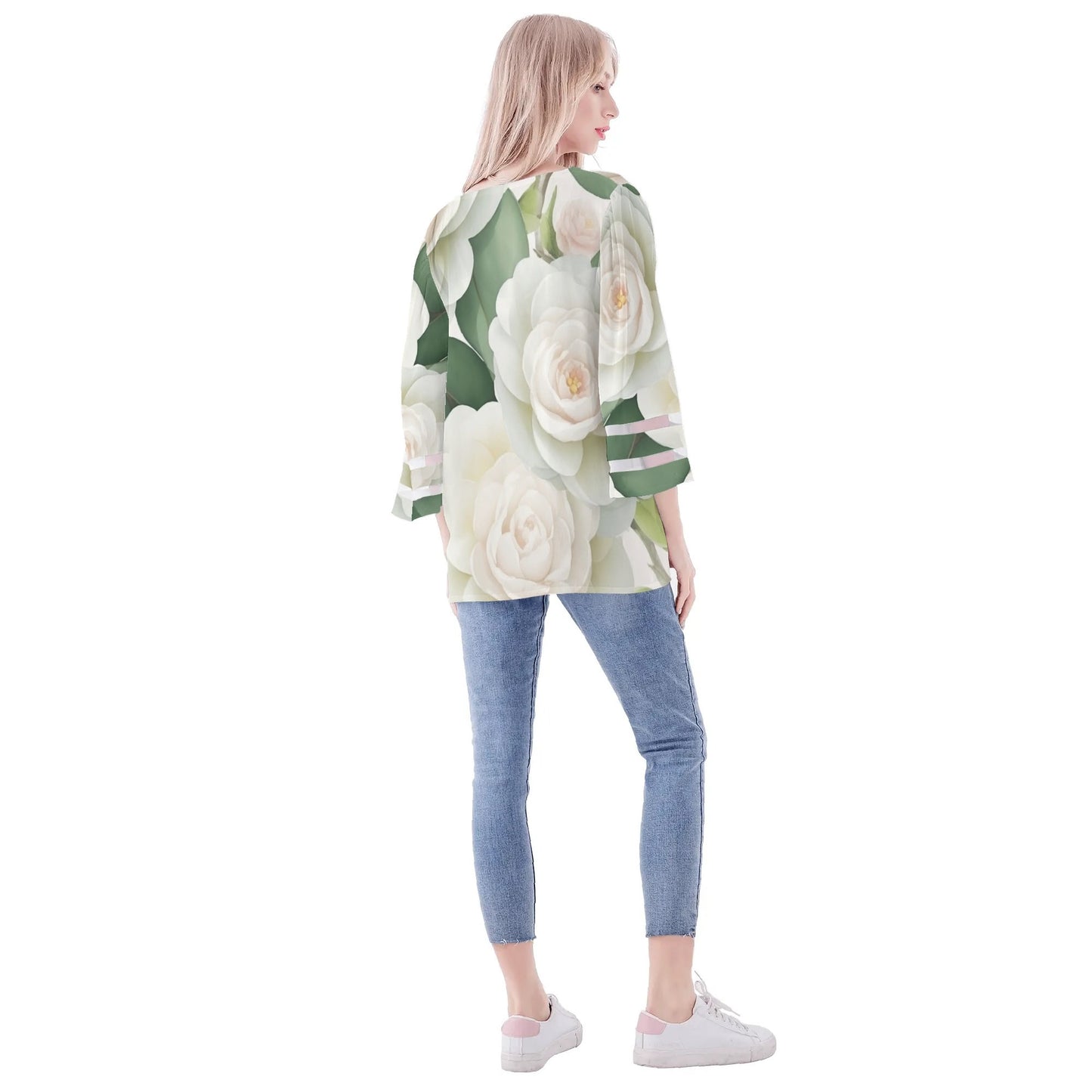 Womens Floral Print Loose Chiffon Blouse with Bell Sleeves