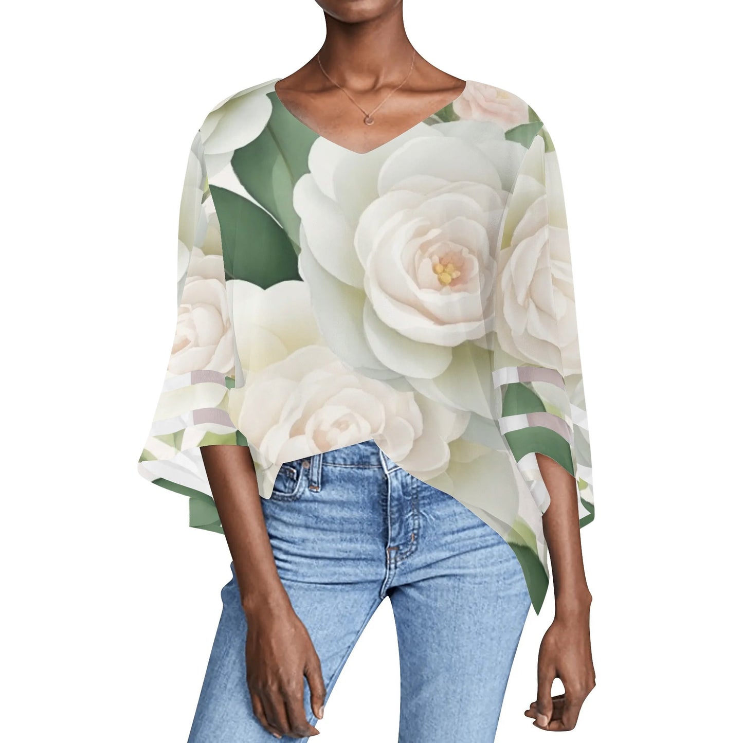 Womens Floral Print Loose Chiffon Blouse with Bell Sleeves