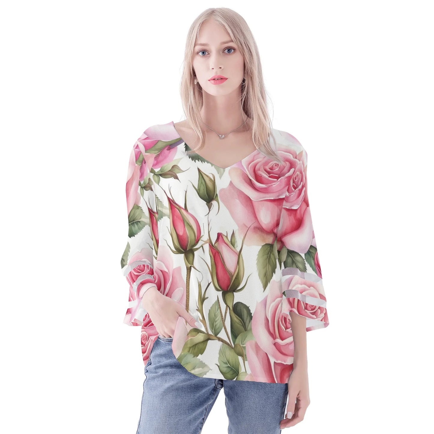 Womens Floral Print Loose Chiffon Blouse with Bell Sleeves