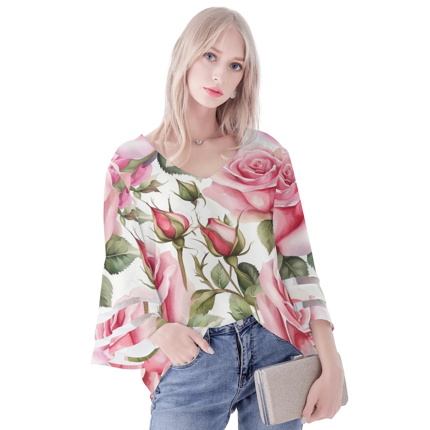 Womens Floral Print Loose Chiffon Blouse with Bell Sleeves