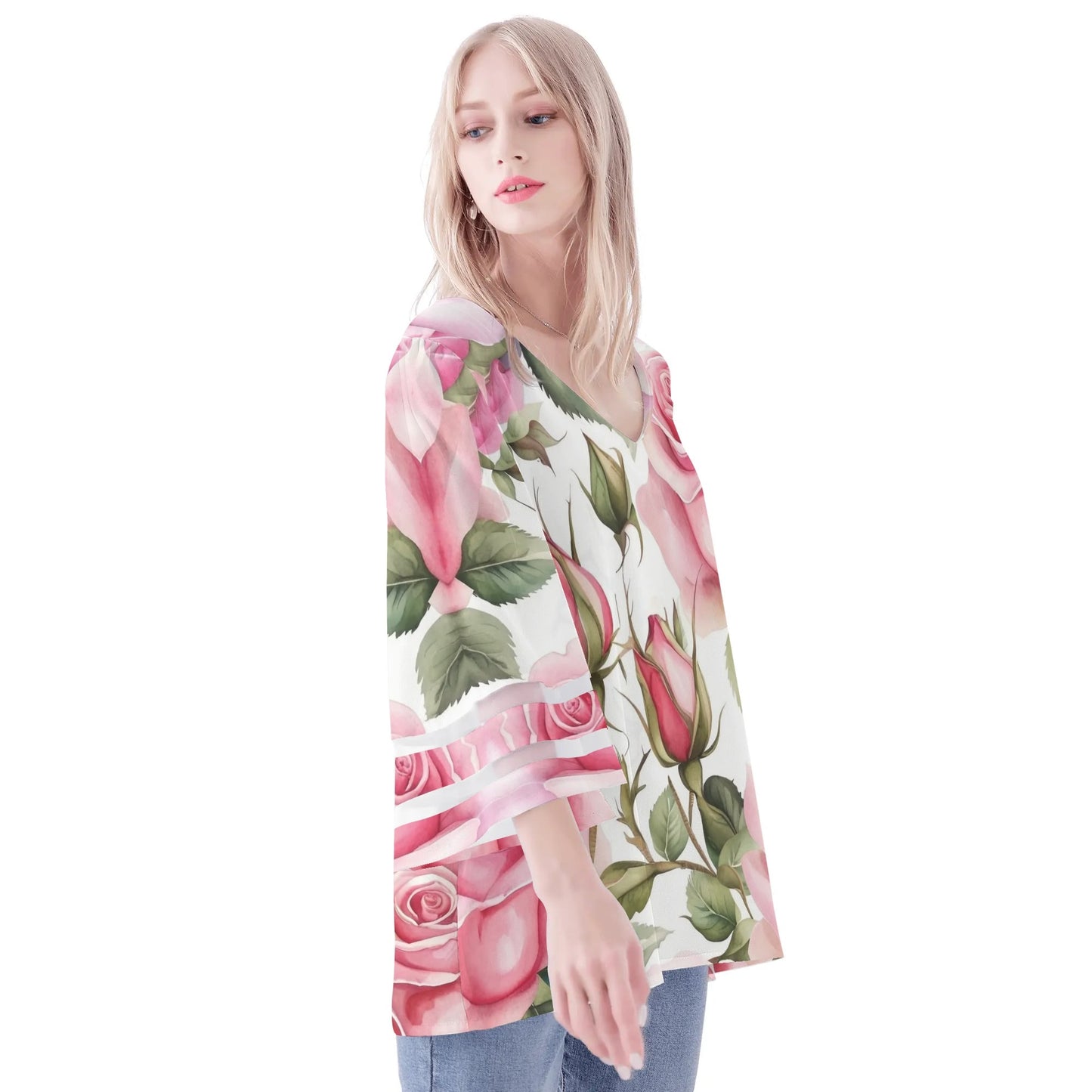 Womens Floral Print Loose Chiffon Blouse with Bell Sleeves