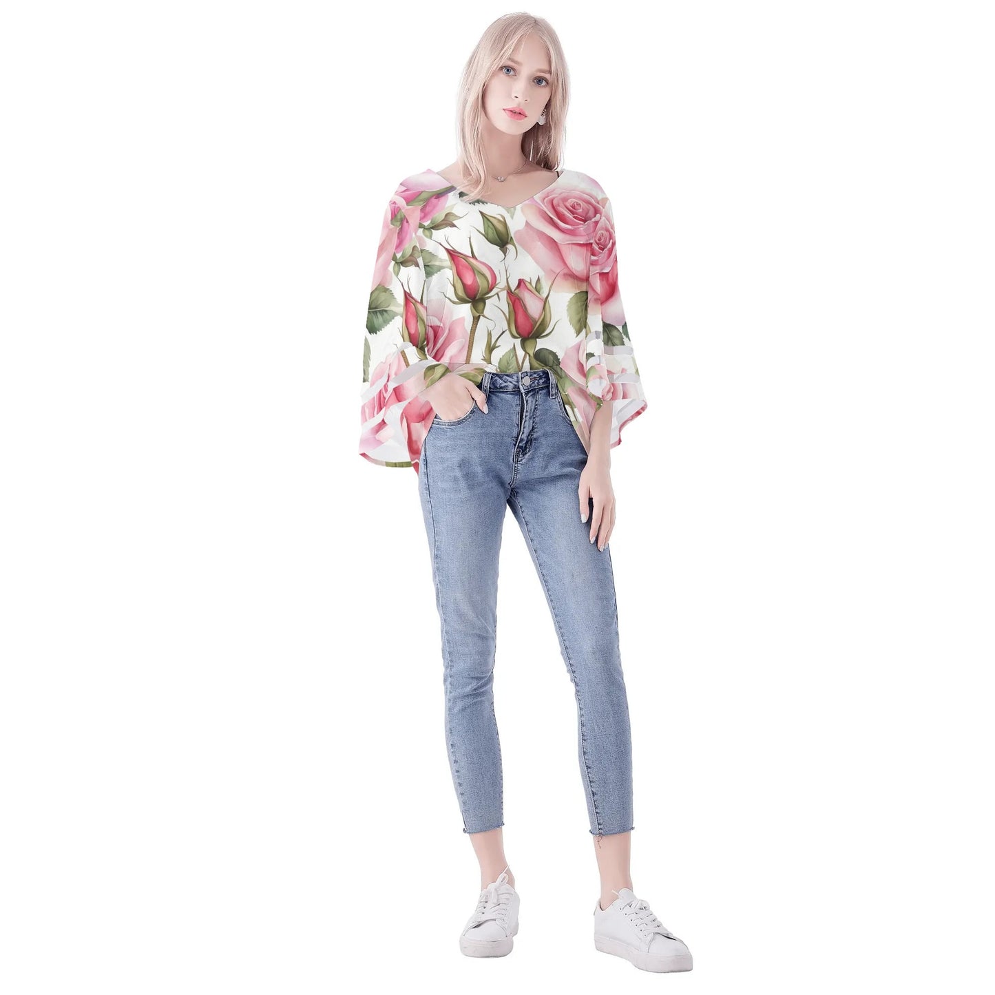 Womens Floral Print Loose Chiffon Blouse with Bell Sleeves