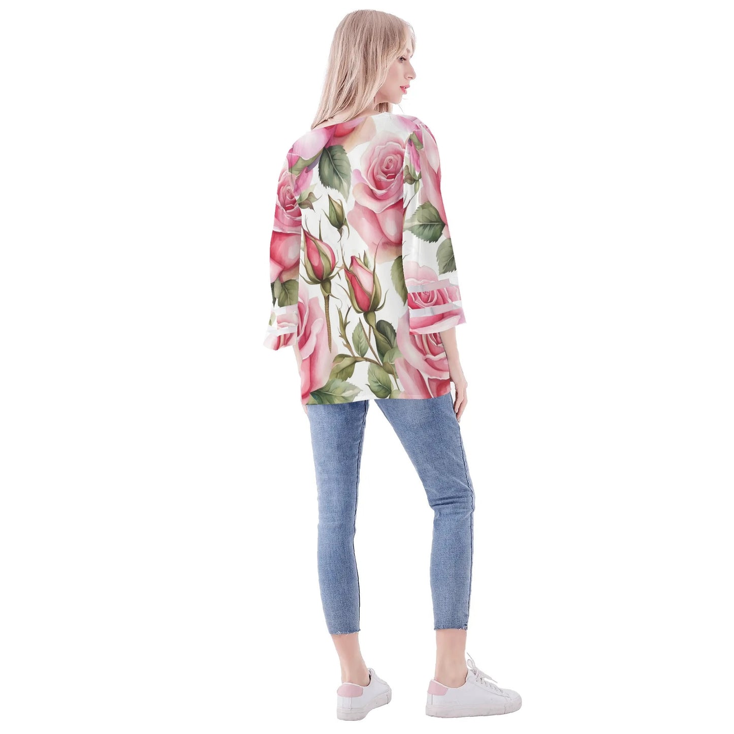 Womens Floral Print Loose Chiffon Blouse with Bell Sleeves