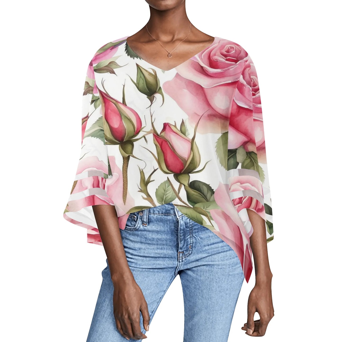 Womens Floral Print Loose Chiffon Blouse with Bell Sleeves