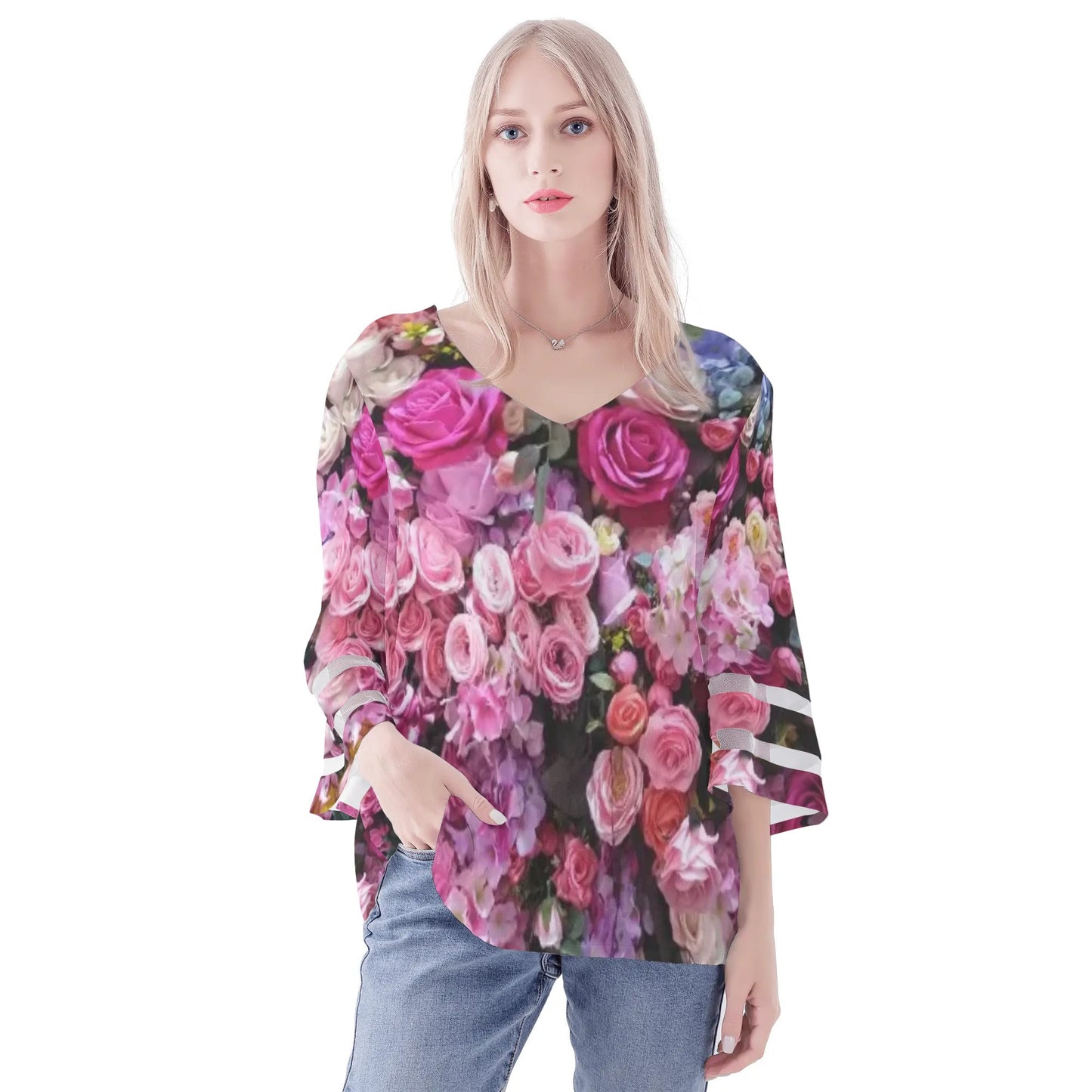 Womens Floral Print Loose Chiffon Blouse with Bell Sleeves