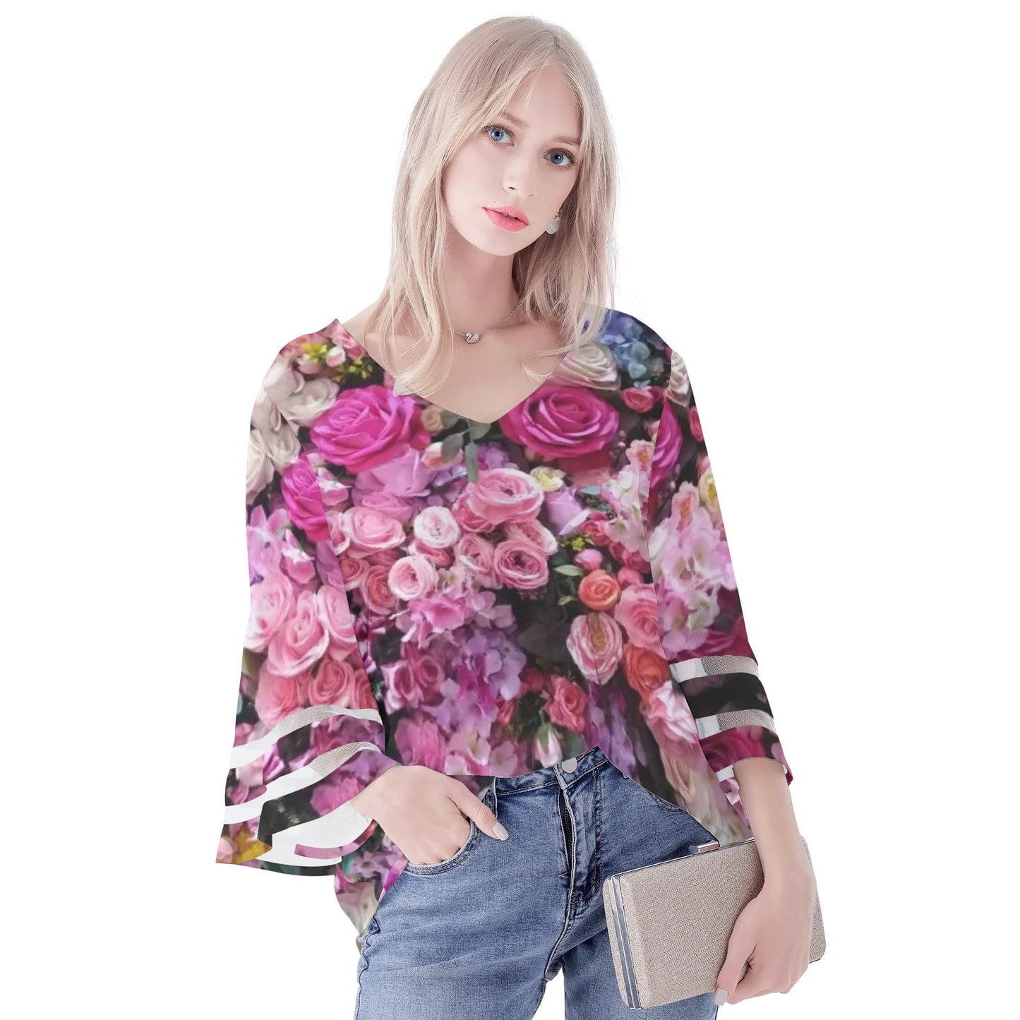 Womens Floral Print Loose Chiffon Blouse with Bell Sleeves