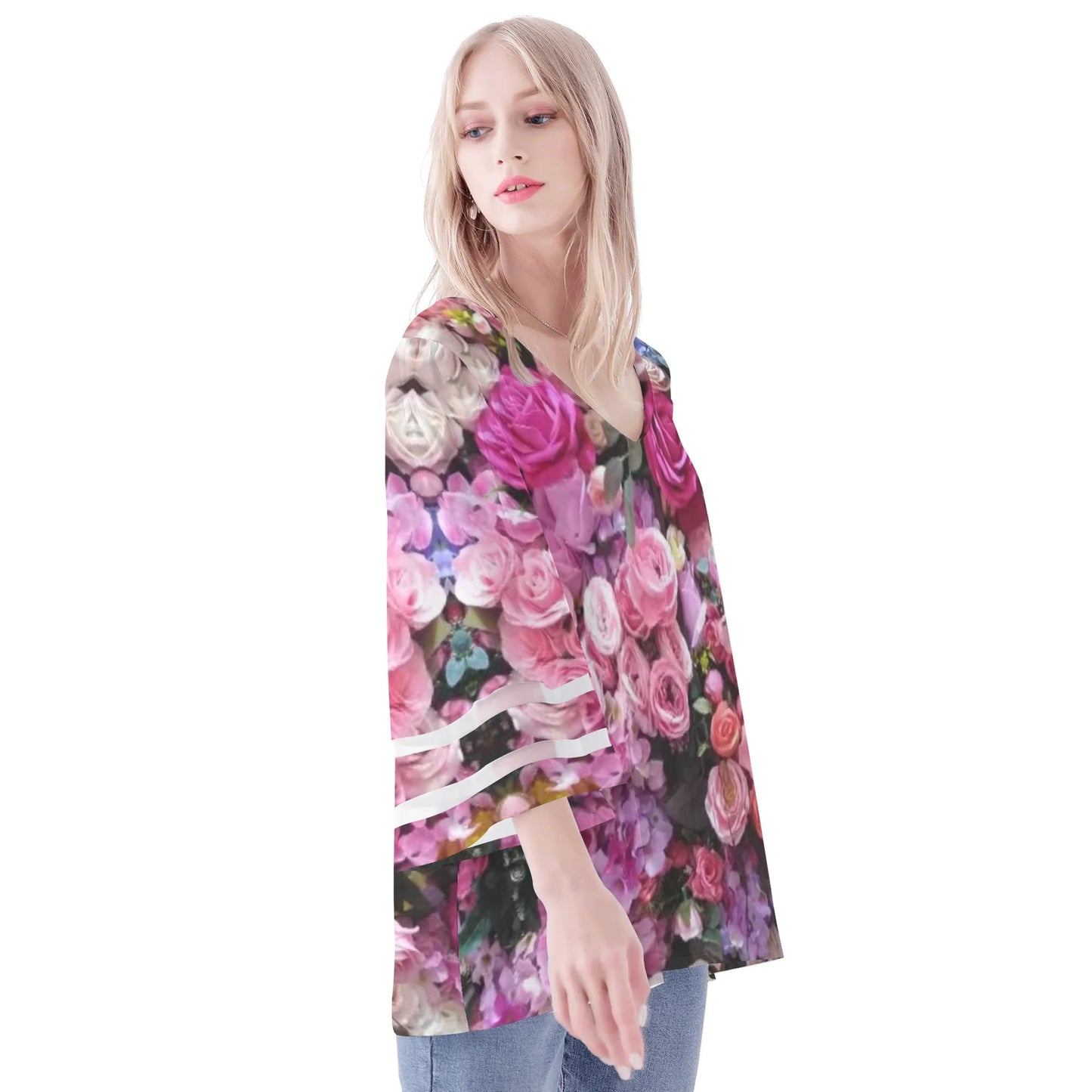 Womens Floral Print Loose Chiffon Blouse with Bell Sleeves