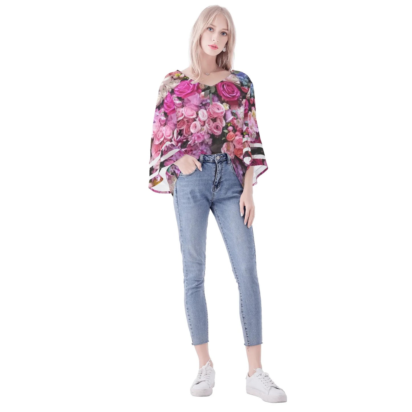 Womens Floral Print Loose Chiffon Blouse with Bell Sleeves