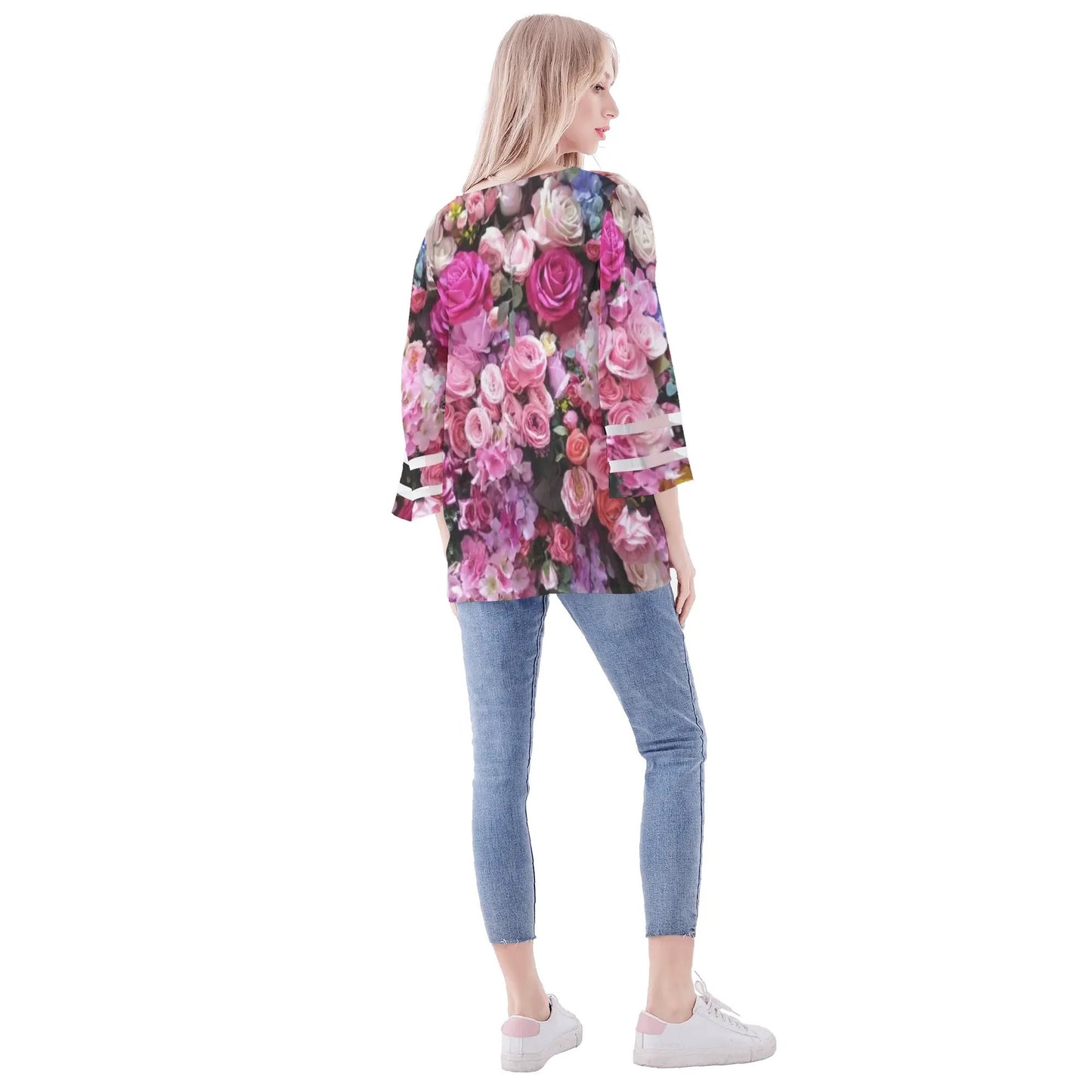 Womens Floral Print Loose Chiffon Blouse with Bell Sleeves