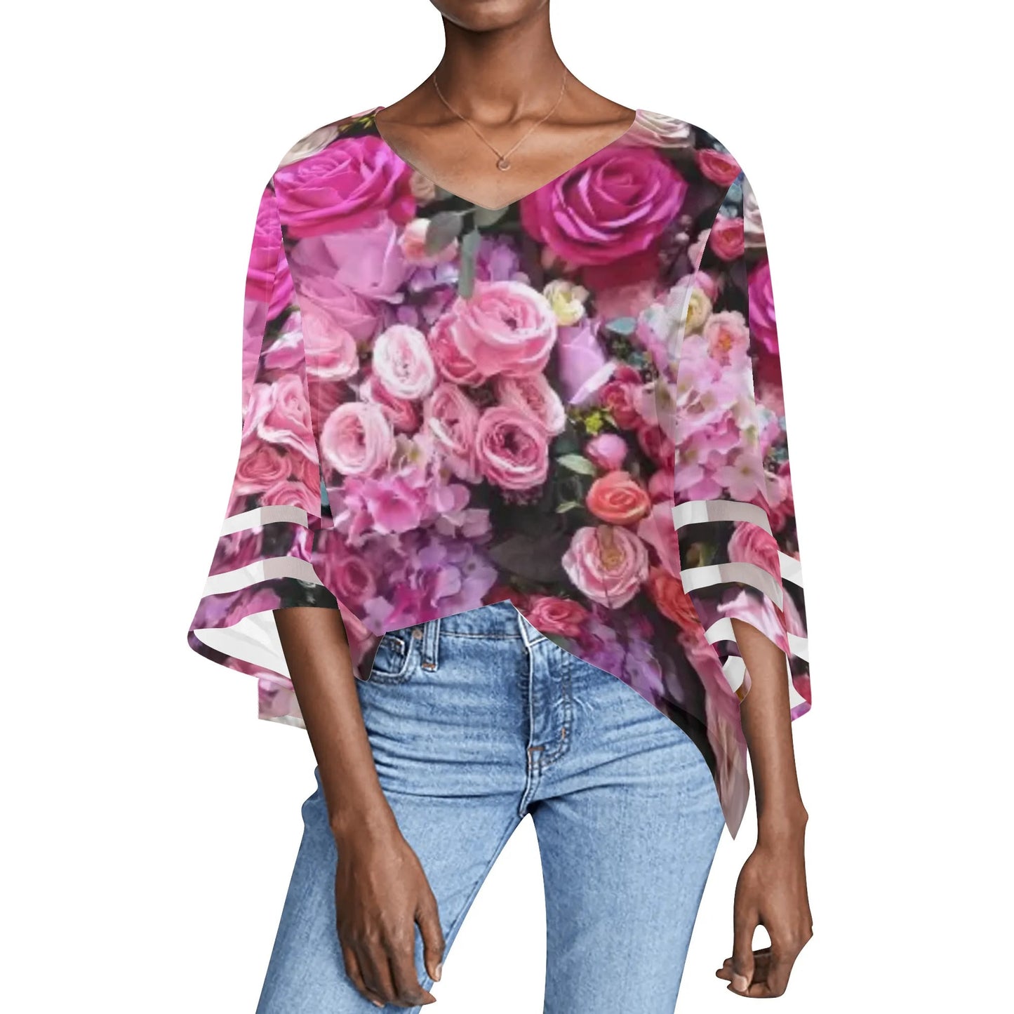 Womens Floral Print Loose Chiffon Blouse with Bell Sleeves