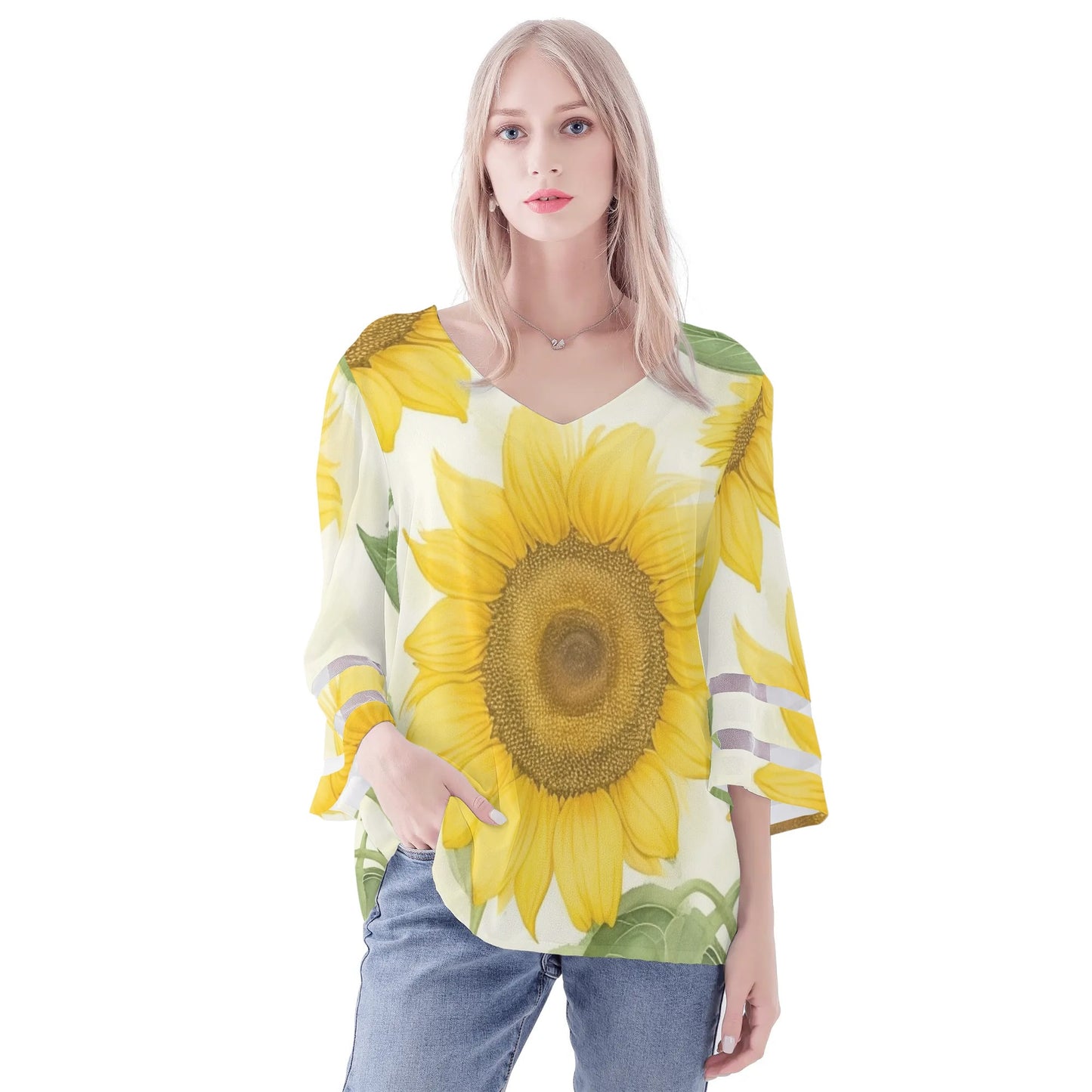 Womens Floral Print Loose Chiffon Blouse with Bell Sleeves