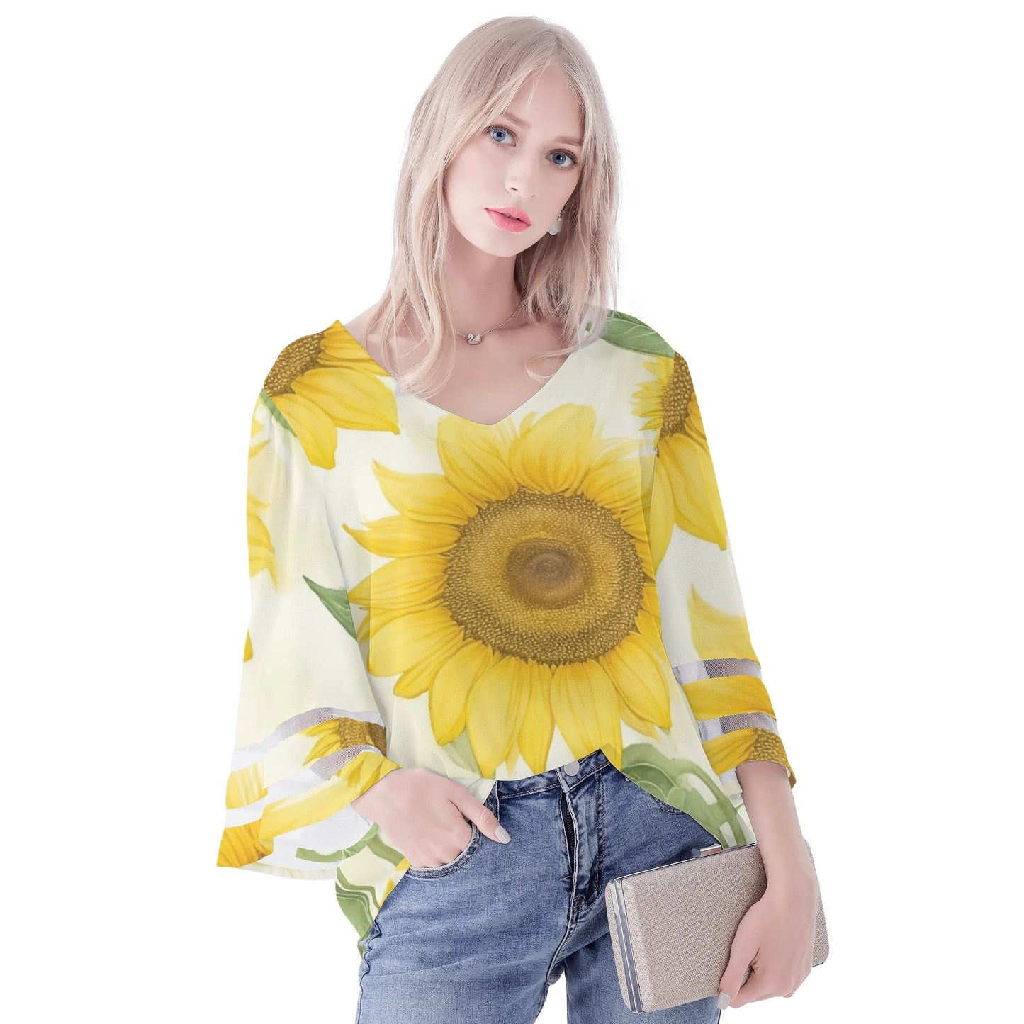 Womens Floral Print Loose Chiffon Blouse with Bell Sleeves