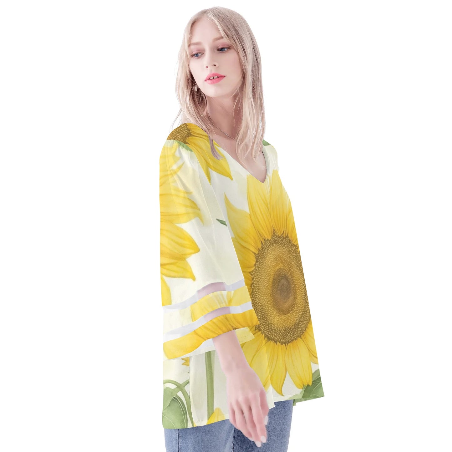 Womens Floral Print Loose Chiffon Blouse with Bell Sleeves