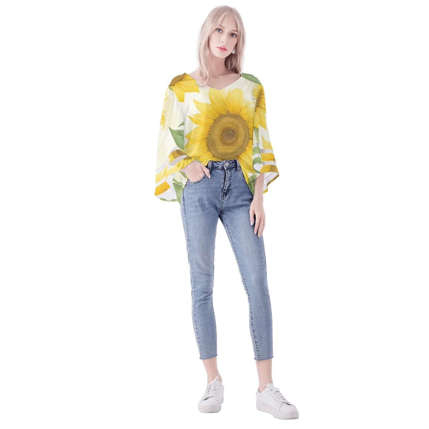 Womens Floral Print Loose Chiffon Blouse with Bell Sleeves