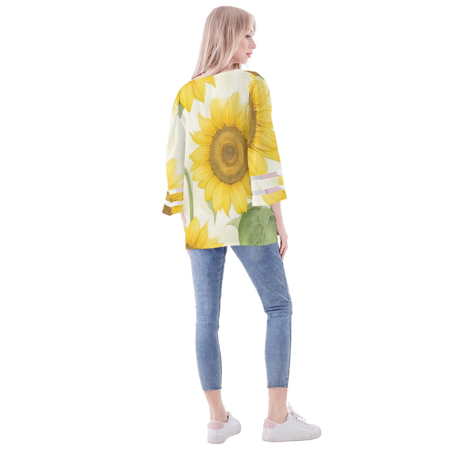 Womens Floral Print Loose Chiffon Blouse with Bell Sleeves