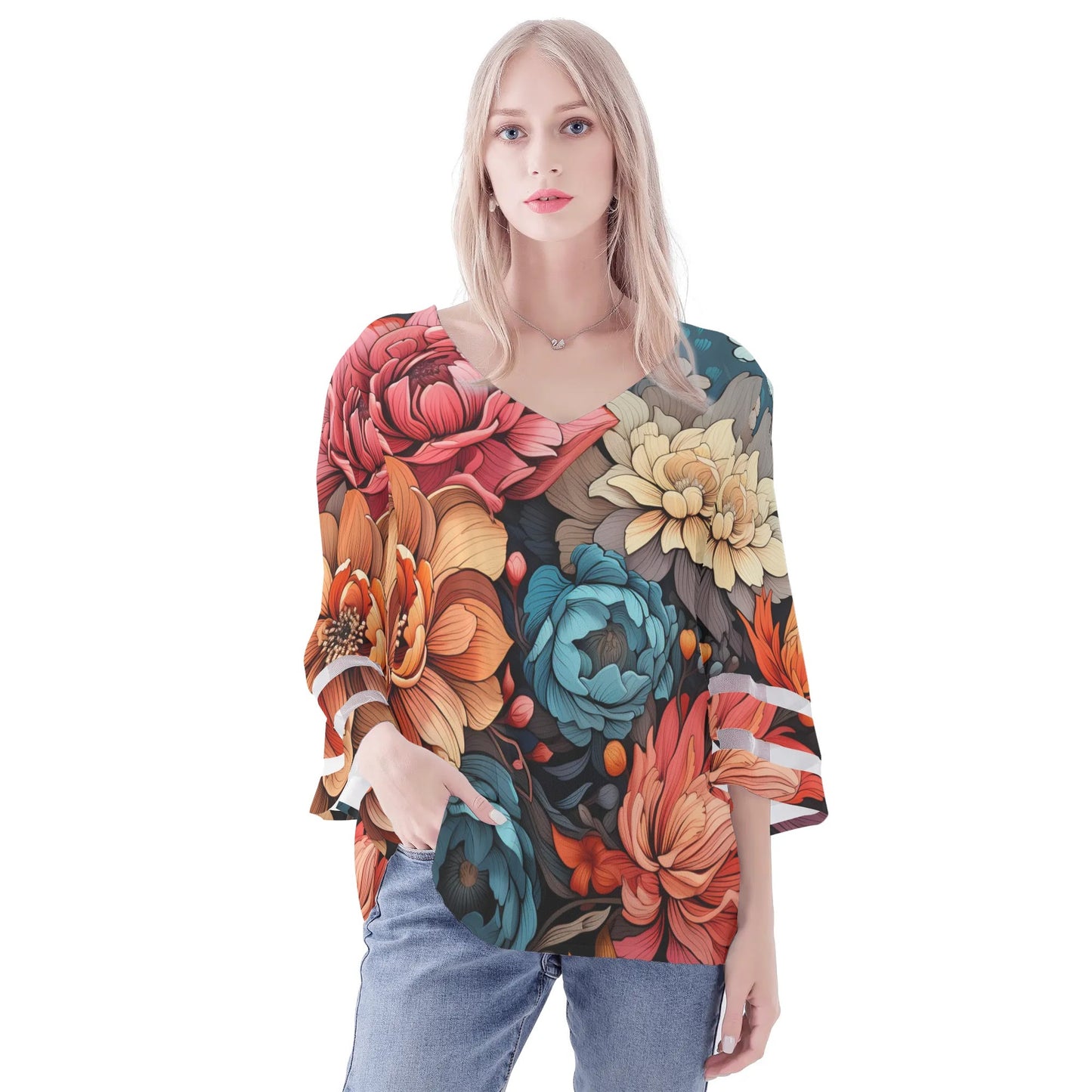 Womens Floral Print Loose Chiffon Blouse with Bell Sleeves