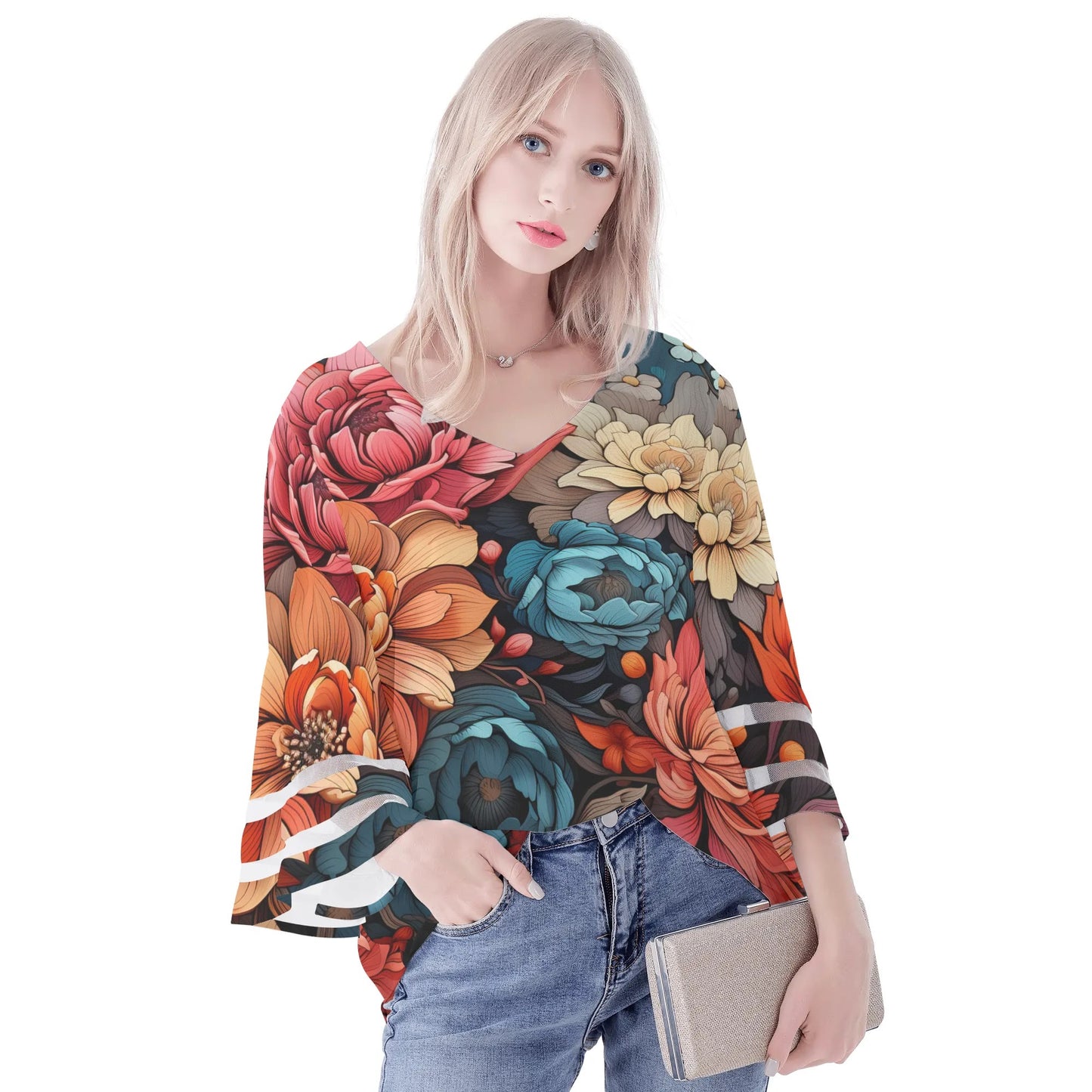 Womens Floral Print Loose Chiffon Blouse with Bell Sleeves