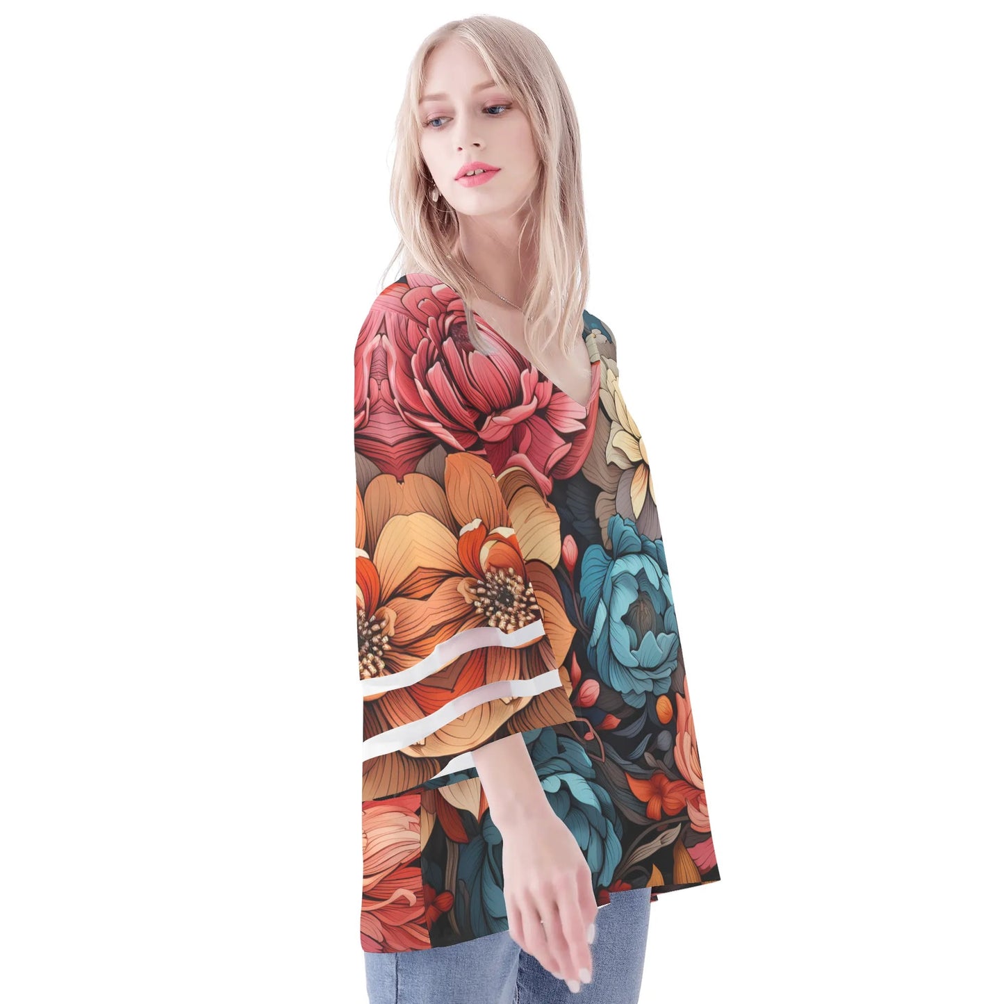 Womens Floral Print Loose Chiffon Blouse with Bell Sleeves